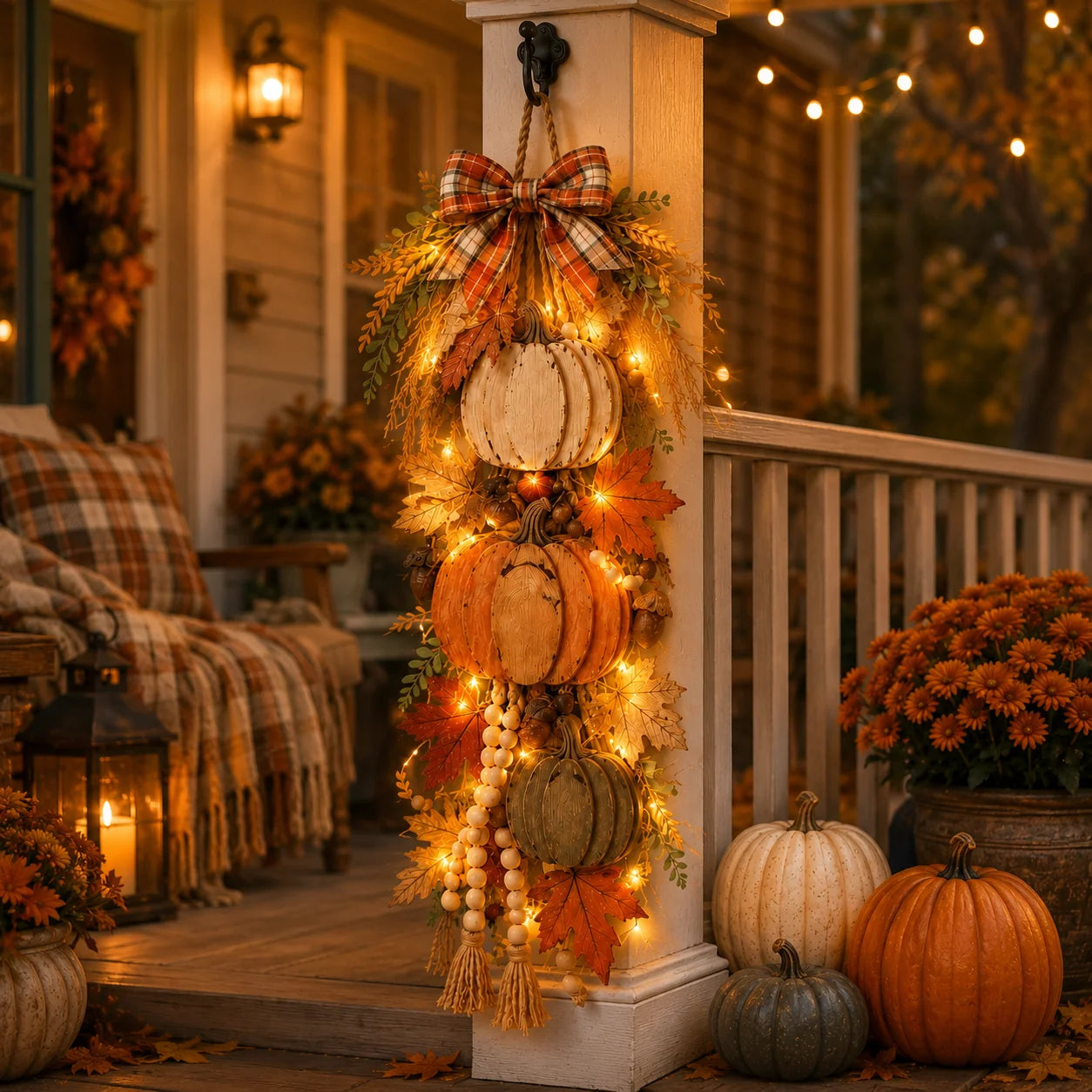 Wooden pumpkin door hanger feature poster warm LED remote rustic design