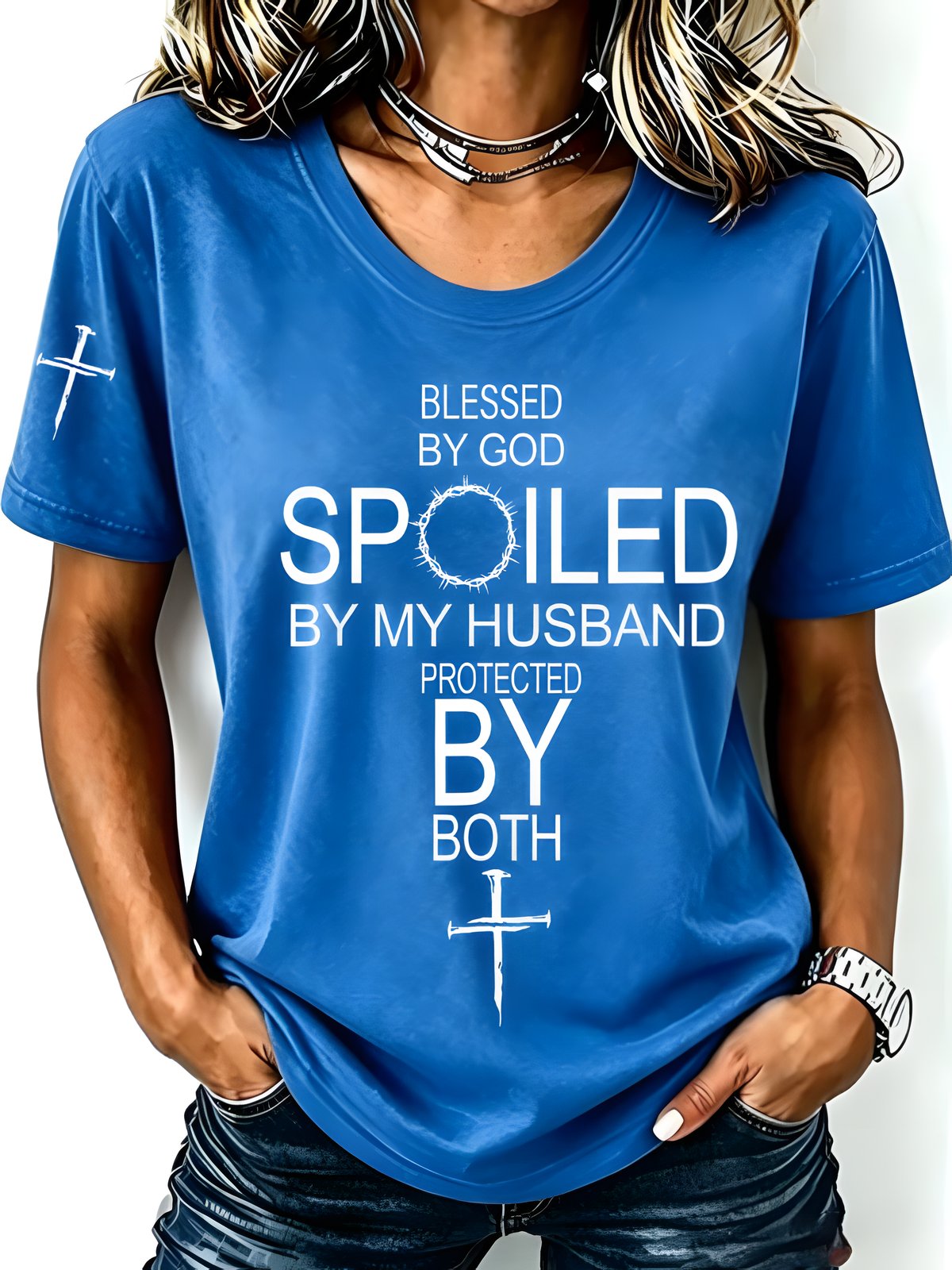 Women's Blue Blessed by God Spoiled by My Husband Christian T-Shirt
