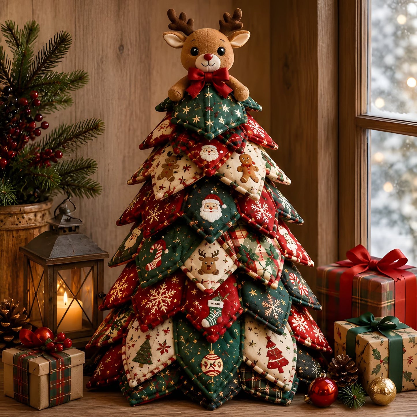 DIY quilted Christmas tree with classic reindeer topper on mantel