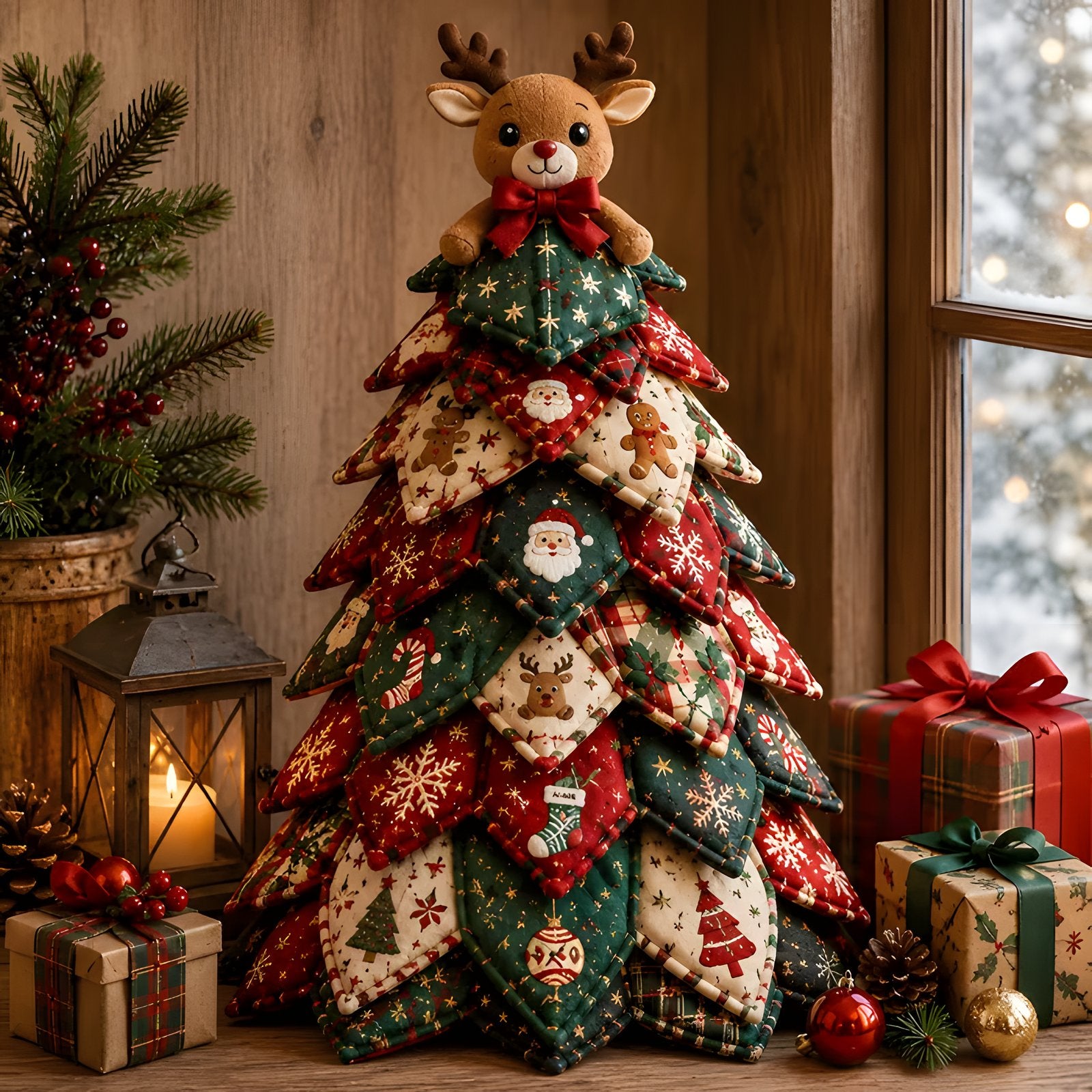 DIY quilted Christmas tree with classic reindeer topper on mantel