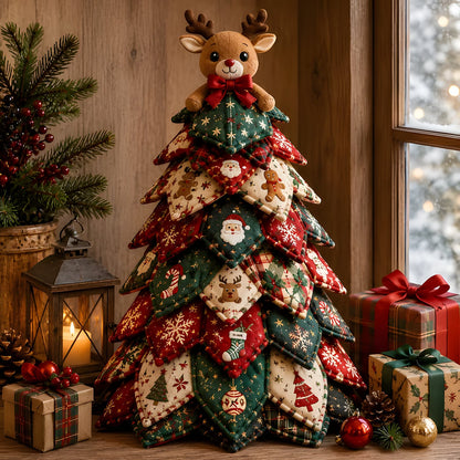 DIY quilted Christmas tree with classic reindeer topper on mantel