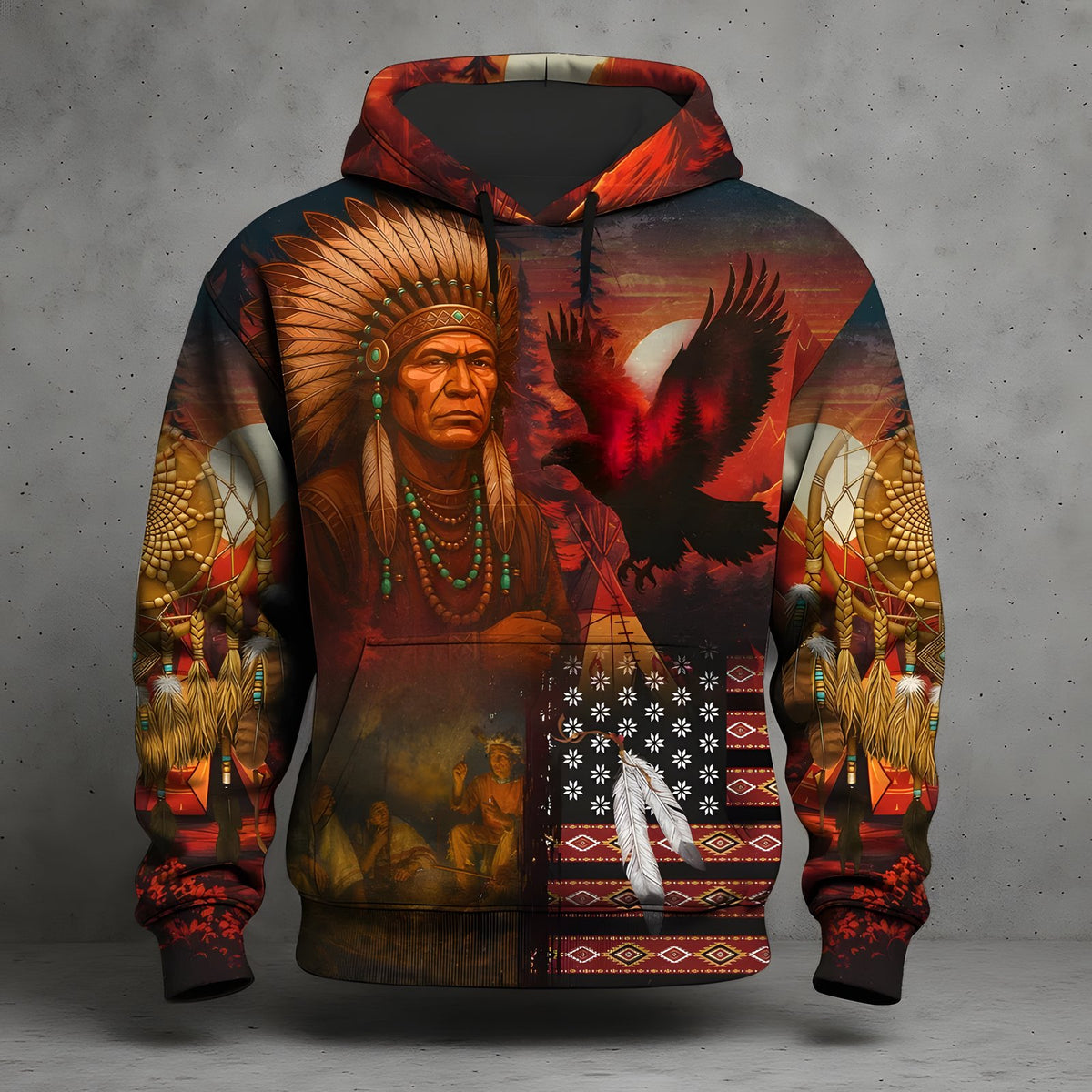 Southwestern graphic hoodie with orange portrait and eagle artwork