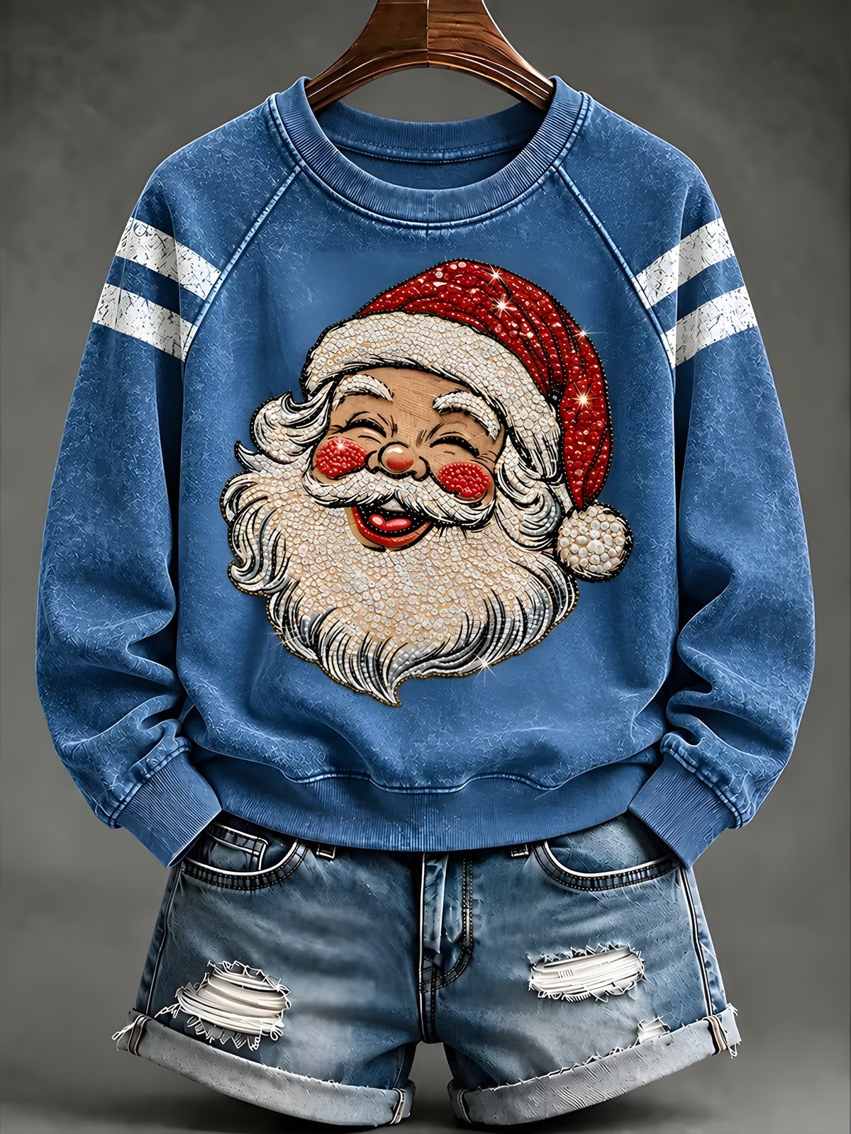 Blue women's Santa print Christmas sweatshirt with striped sleeves