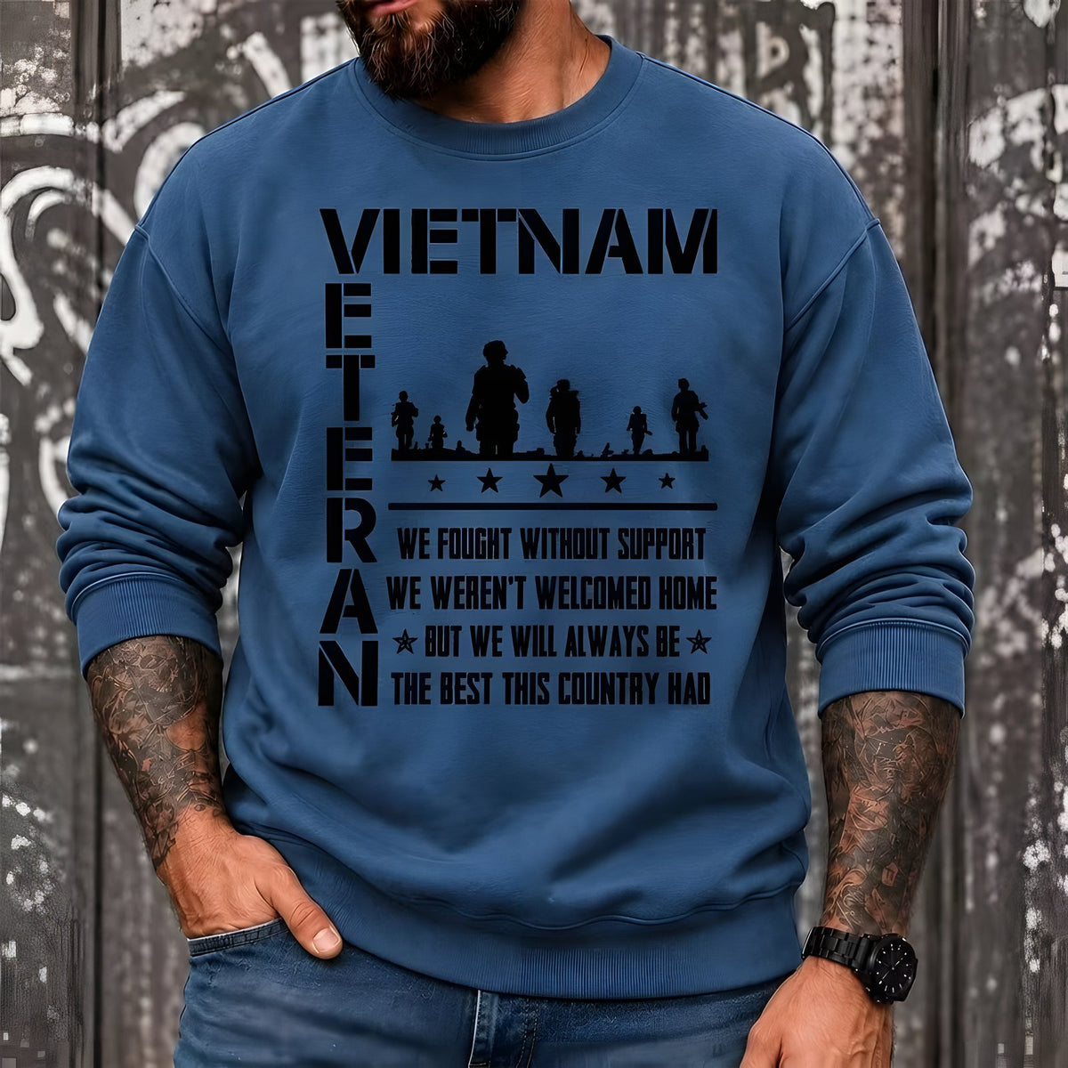 Vietnam Veteran crewneck sweatshirt in blue with soldier graphic