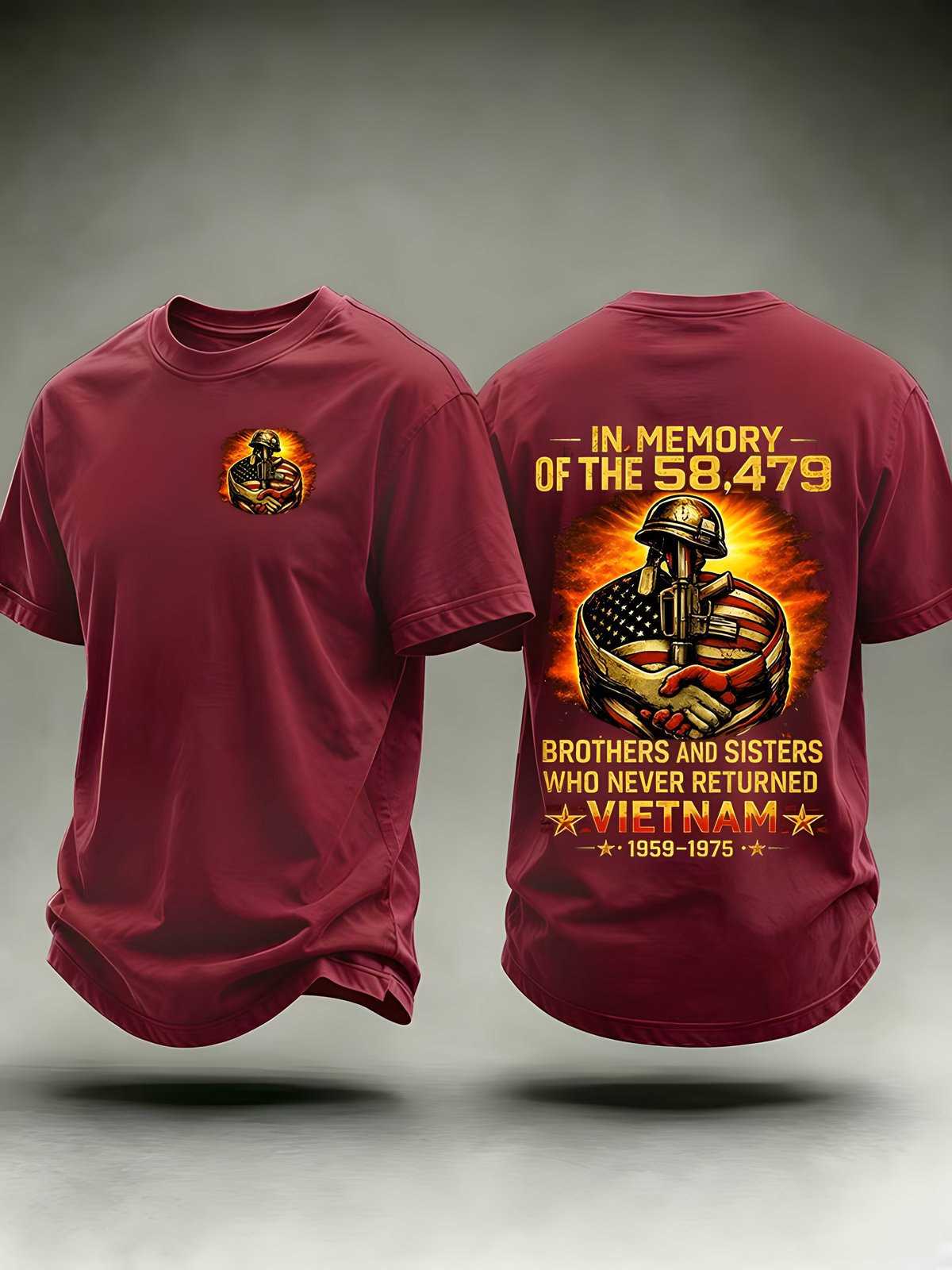 Burgundy Vietnam memorial tribute T-shirt with front and back graphics
