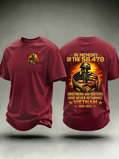 Burgundy Vietnam memorial tribute T-shirt with front and back graphics