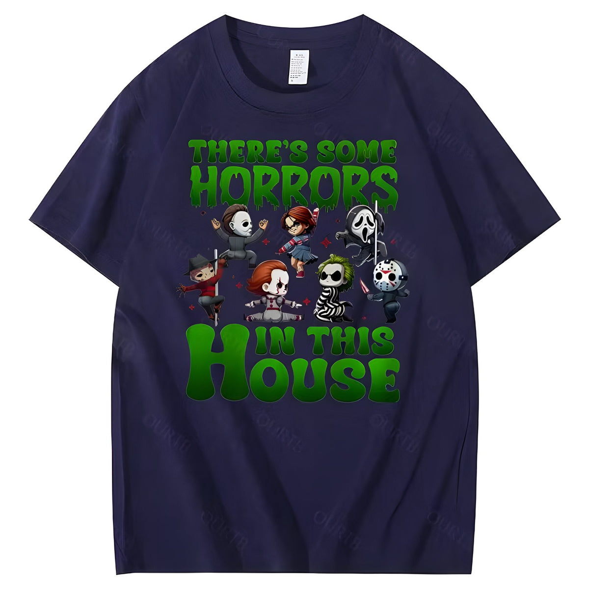 Navy Blue Halloween horror character graphic cotton T-shirt, front view