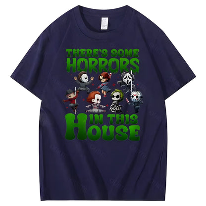 Navy Blue Halloween horror character graphic cotton T-shirt, front view