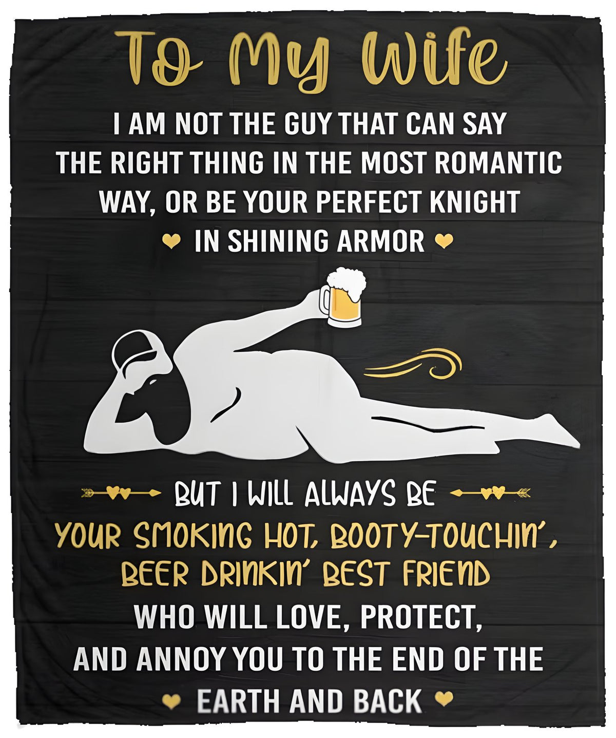 To My Wife blanket with white and gold lettering and a humorous husband graphic on black