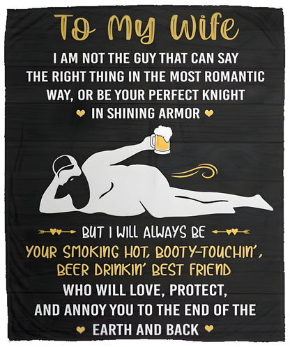 To My Wife blanket with white and gold lettering and a humorous husband graphic on black