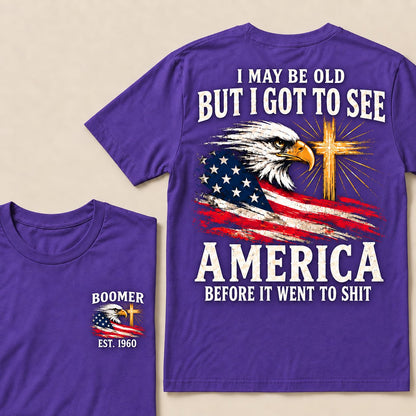 Purple Boomer graphic T-shirt with vintage eagle, USA flag and cross, front and back