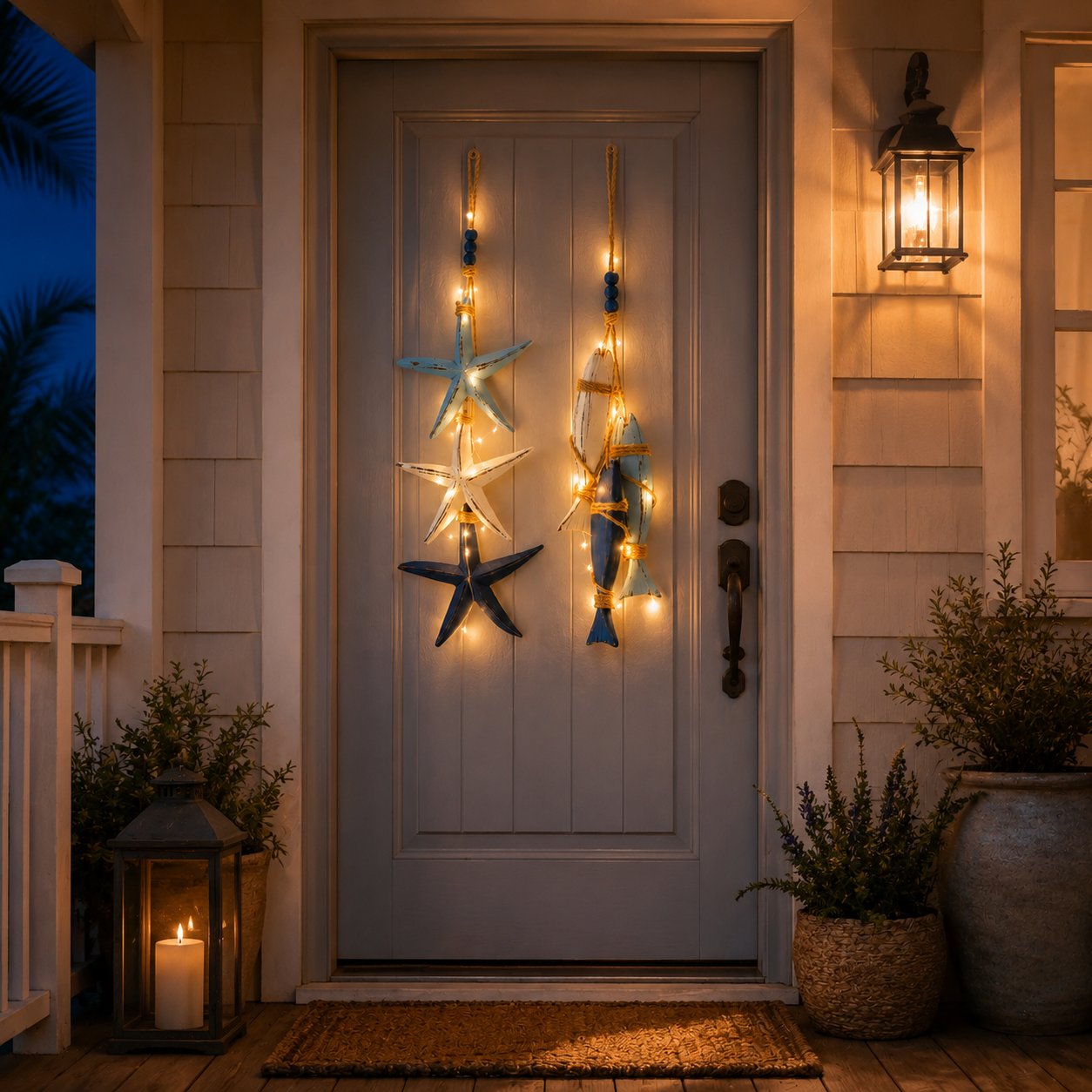Lighted coastal wooden starfish and fish hanging decor with warm lights on wall