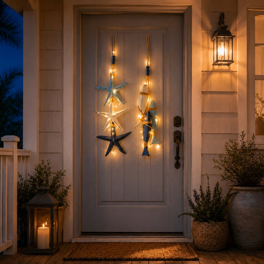 Lighted coastal wooden starfish and fish hanging decor with warm lights on wall