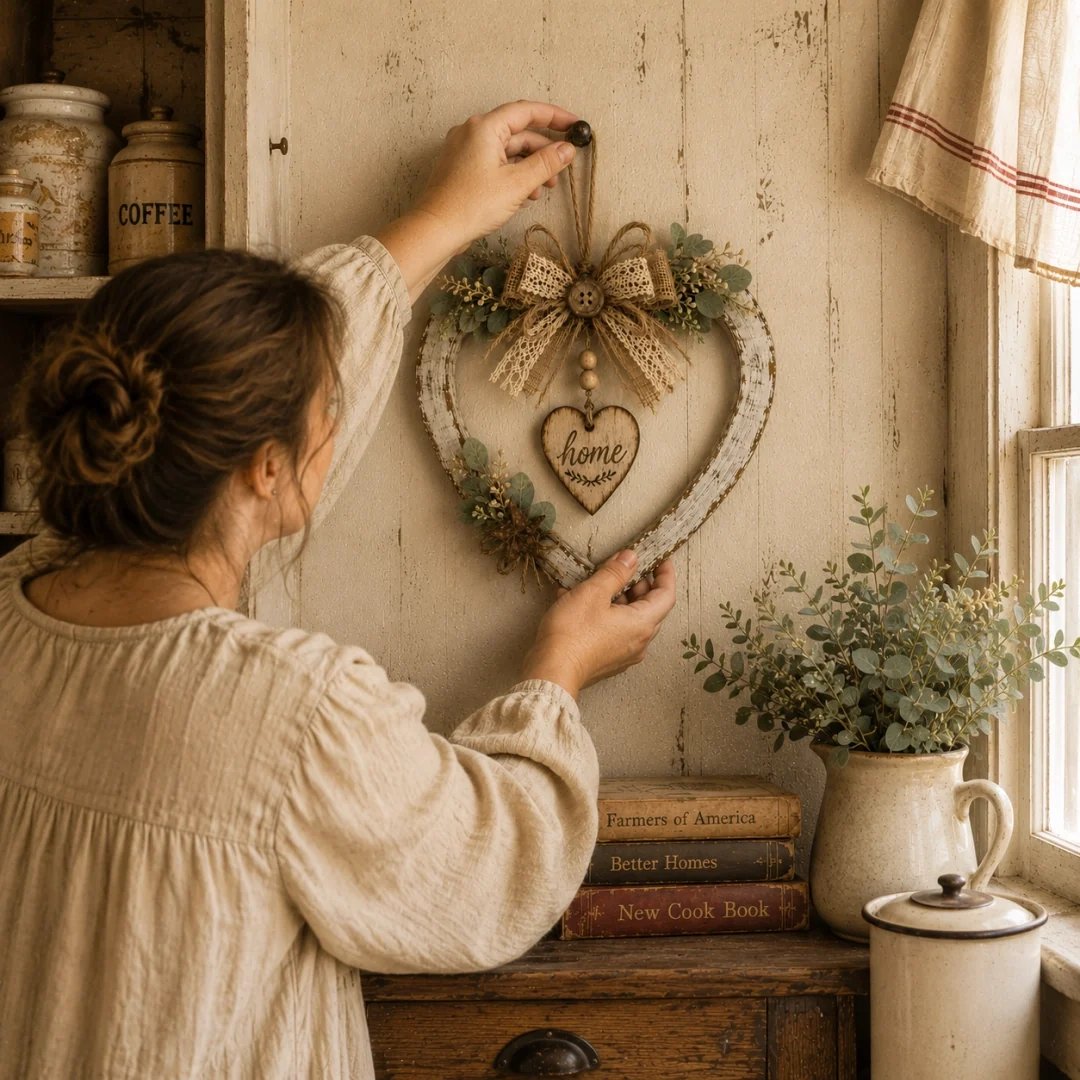 Woman hanging rustic farmhouse heart wreath on kitchen wall