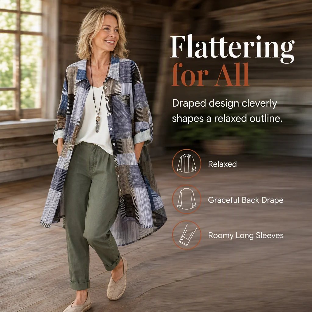Purple loose fit plaid shirt showing a relaxed long silhouette