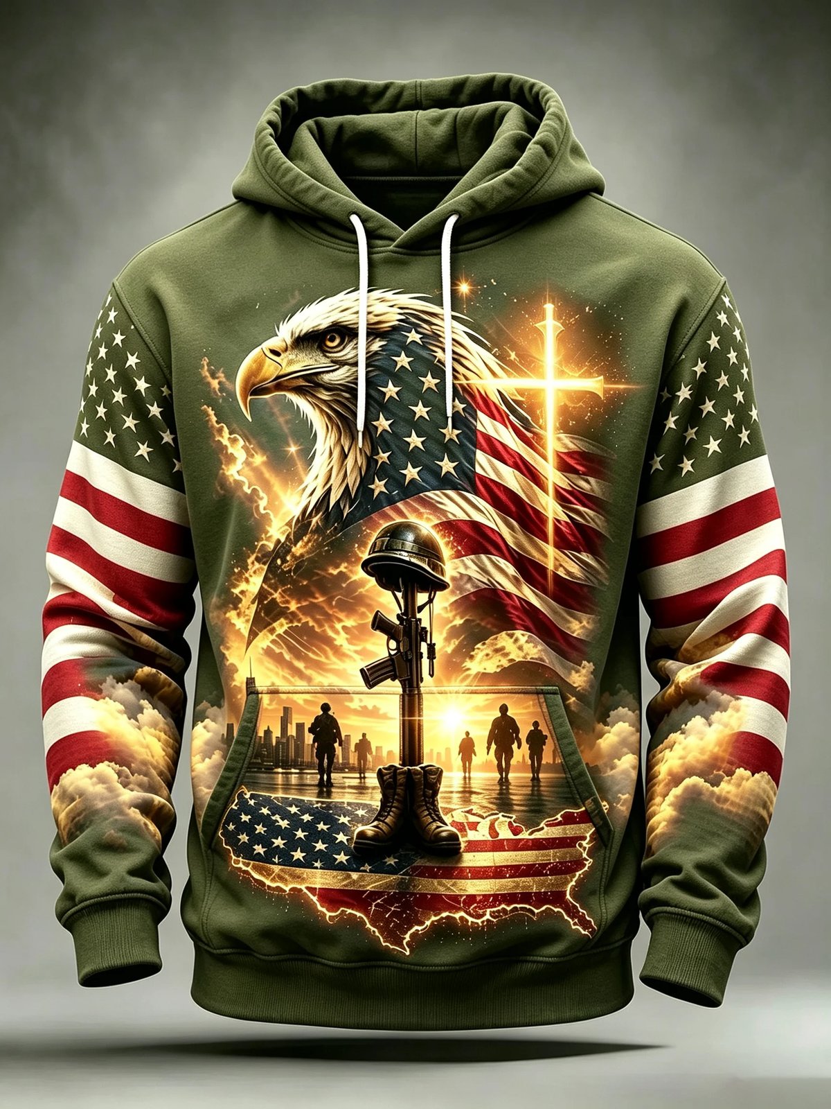 Army green Veterans tribute hoodie with eagle, American flag and military memorial artwork