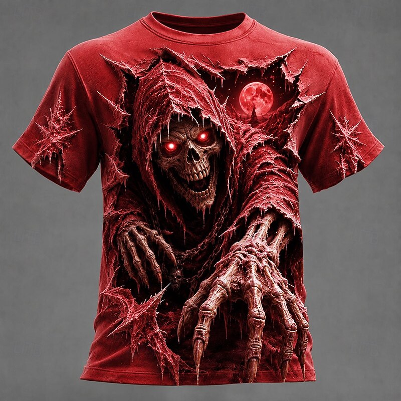 Red men's Halloween skull T-shirt with hooded grim reaper print