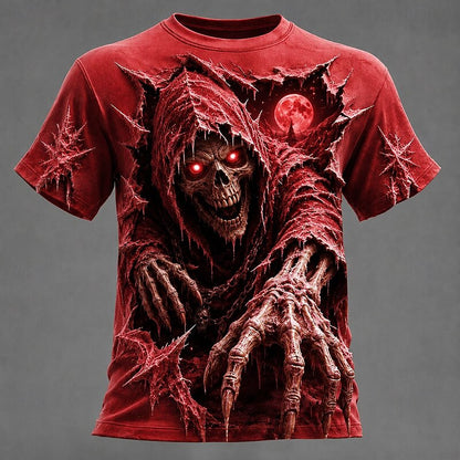 Red men's Halloween skull T-shirt with hooded grim reaper print
