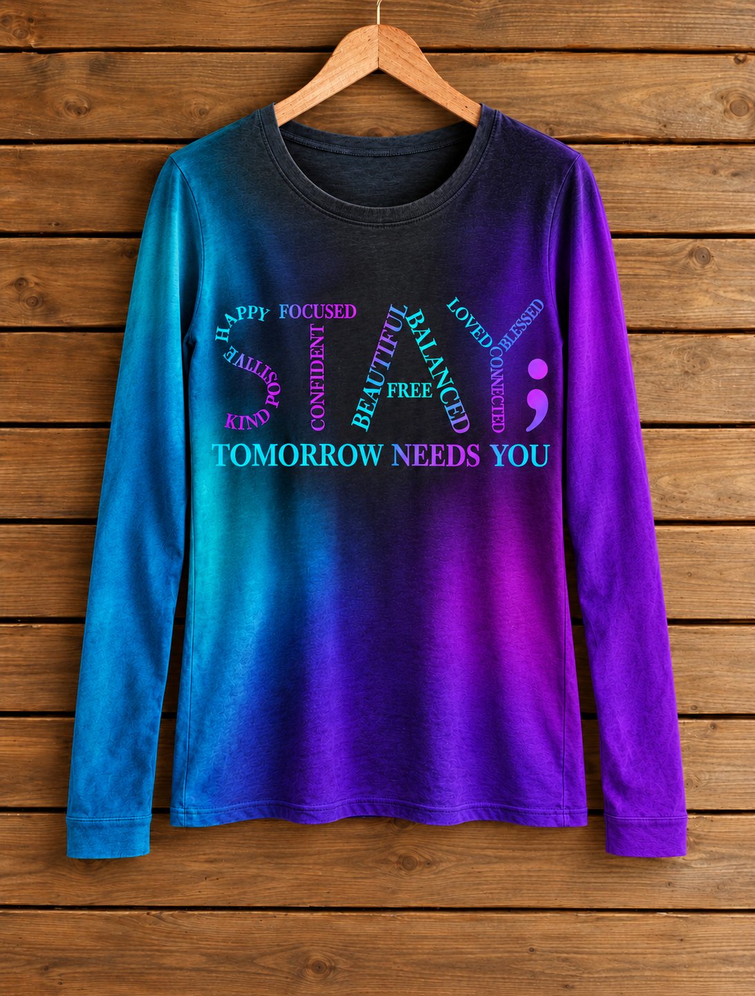 Women's crew neck long sleeve Tomorrow Needs You tee, teal to purple