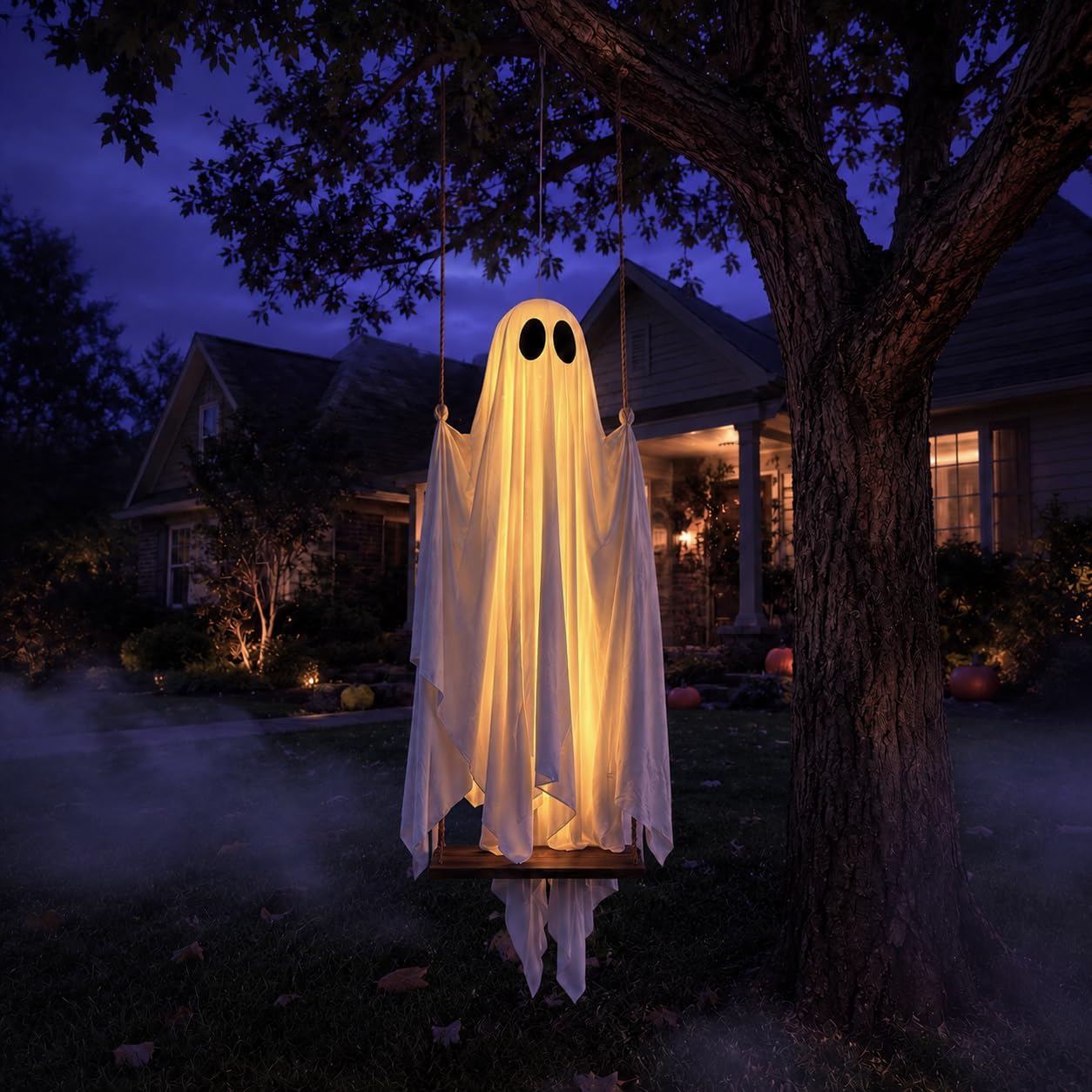 Swinging ghost Halloween decoration hanging from tree in front yard at dusk