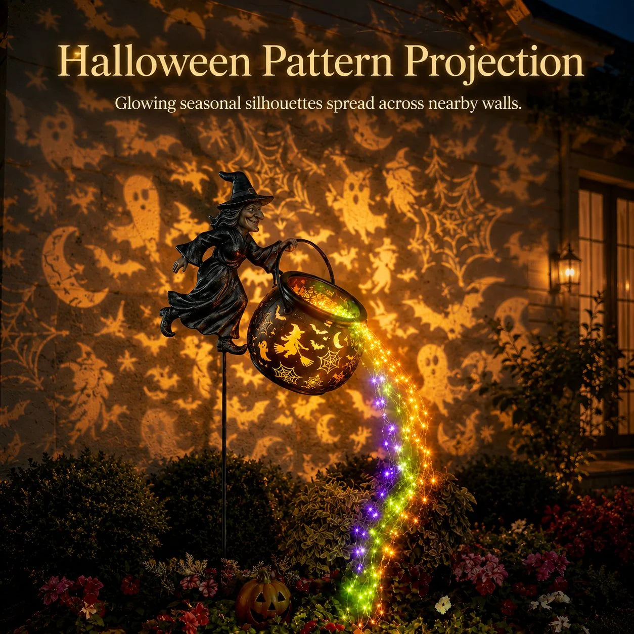 Halloween pattern projection of witches bats and ghosts on wall
