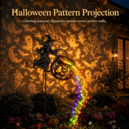 Halloween pattern projection of witches bats and ghosts on wall
