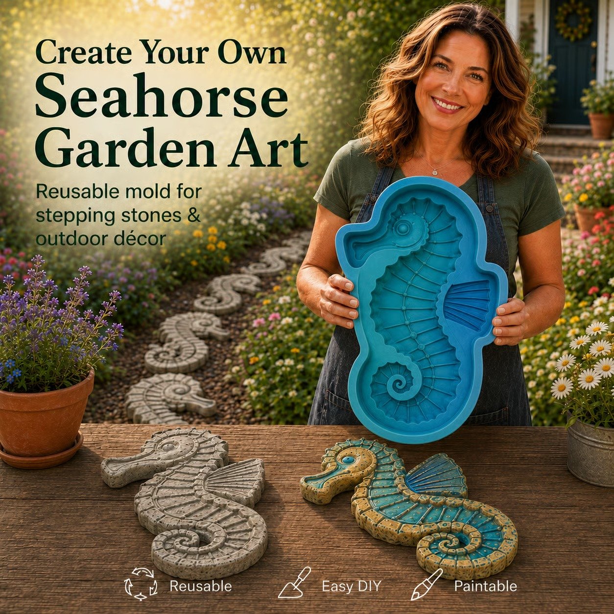 Seahorse stepping stone mold for coastal garden decor