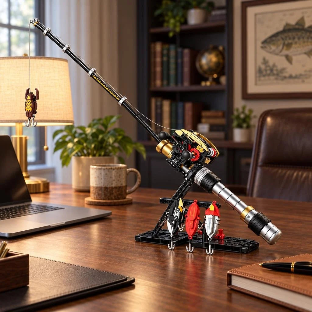Assembled fishing rod and reel building kit displayed on a desk