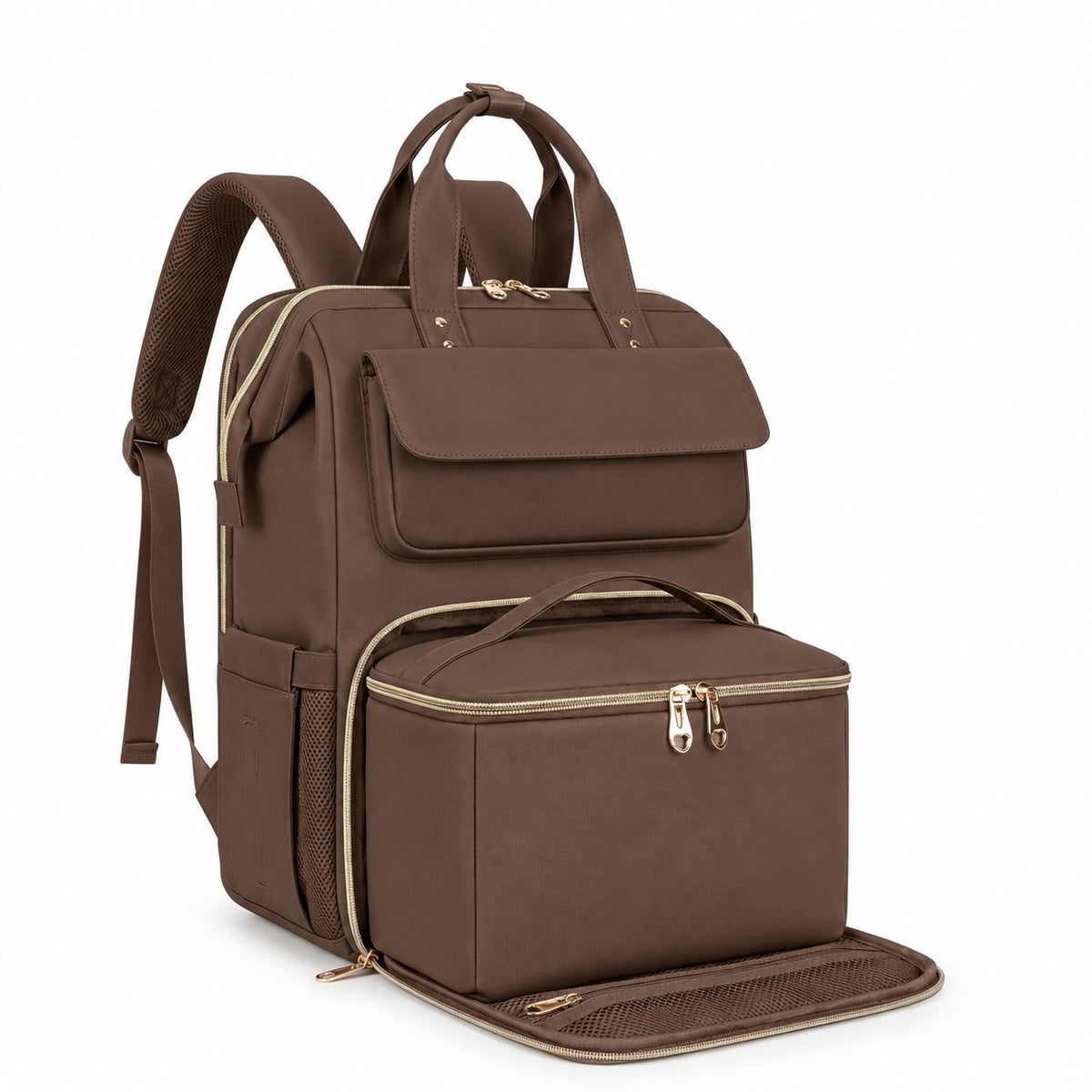 Modern lunch backpack in Brown with the front lunch compartment open