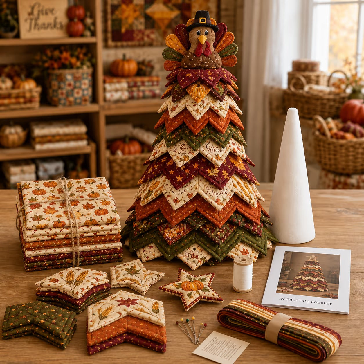 Thanksgiving Harvest quilt tree with turkey topper on Give Thanks display