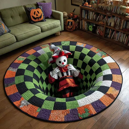 3D clown standing in the vortex of a round Halloween illusion rug