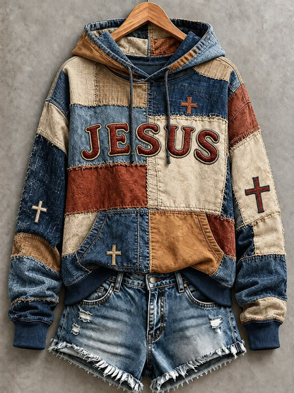 Women's JESUS cross print patchwork-look hoodie in Navy / Rust / Tan