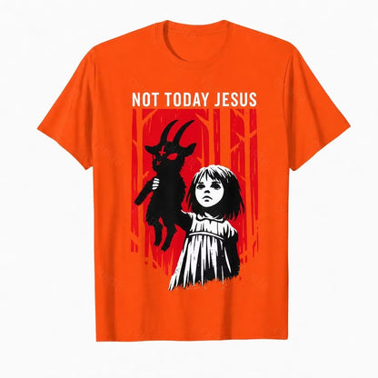 Orange Not Today Jesus gothic goat graphic T-shirt with red woodland artwork
