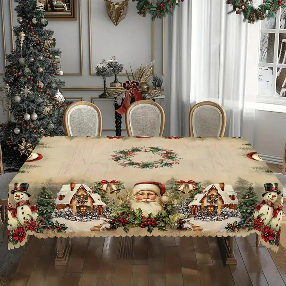 Cream vintage Christmas tablecloth with snowman, gingerbread and Christmas tree on fireplace dining table
