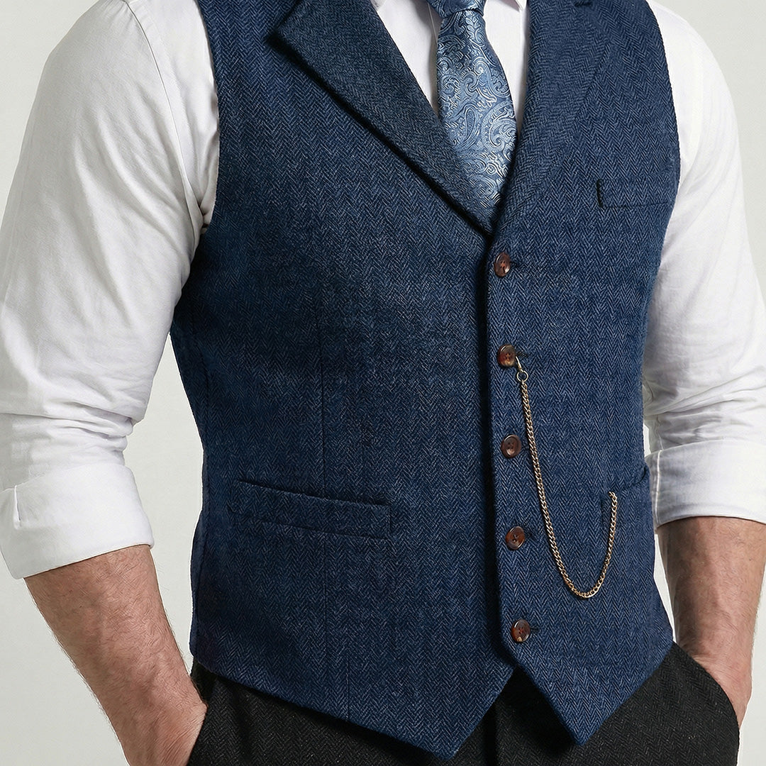 Men's Navy tweed waistcoat collar and lapel close-up