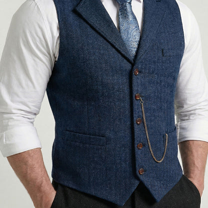Men's Navy tweed waistcoat collar and lapel close-up