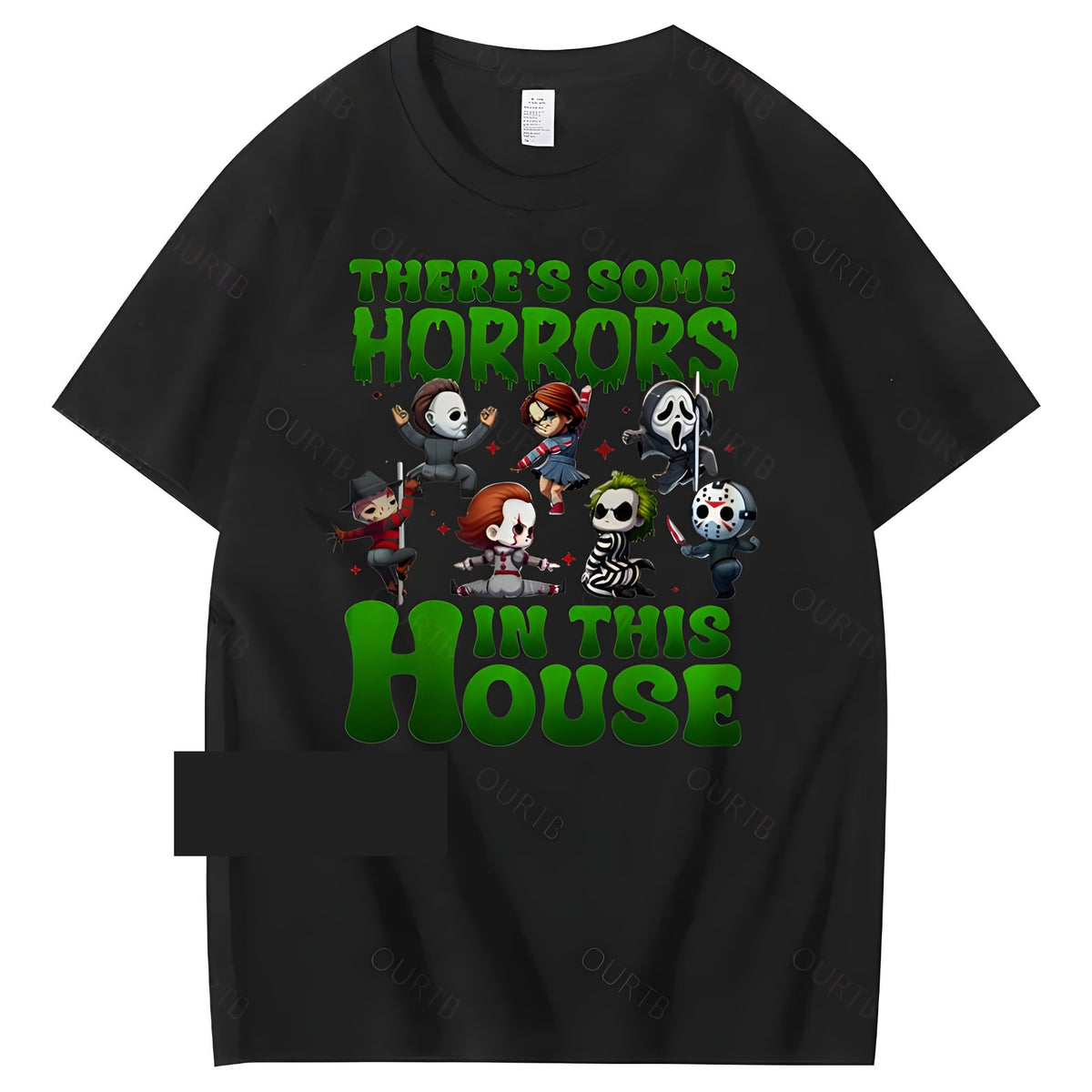 Black Halloween horror character graphic cotton T-shirt, front view