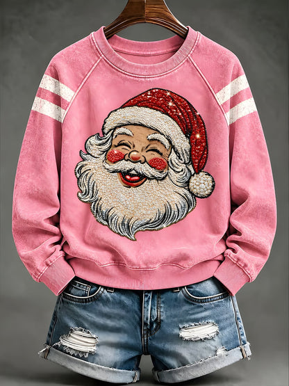 Pink women's Santa print Christmas sweatshirt with striped sleeves
