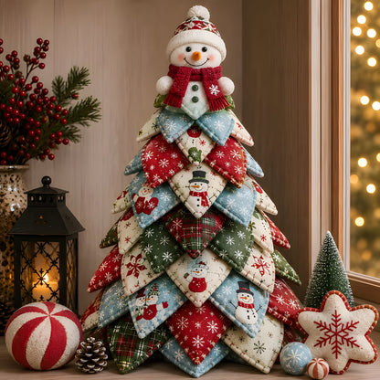 DIY quilted Christmas tree with snowman topper for tabletop display