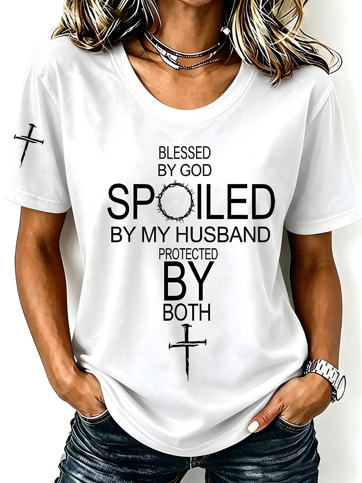 Women's White Blessed by God Faith Statement Casual T-Shirt