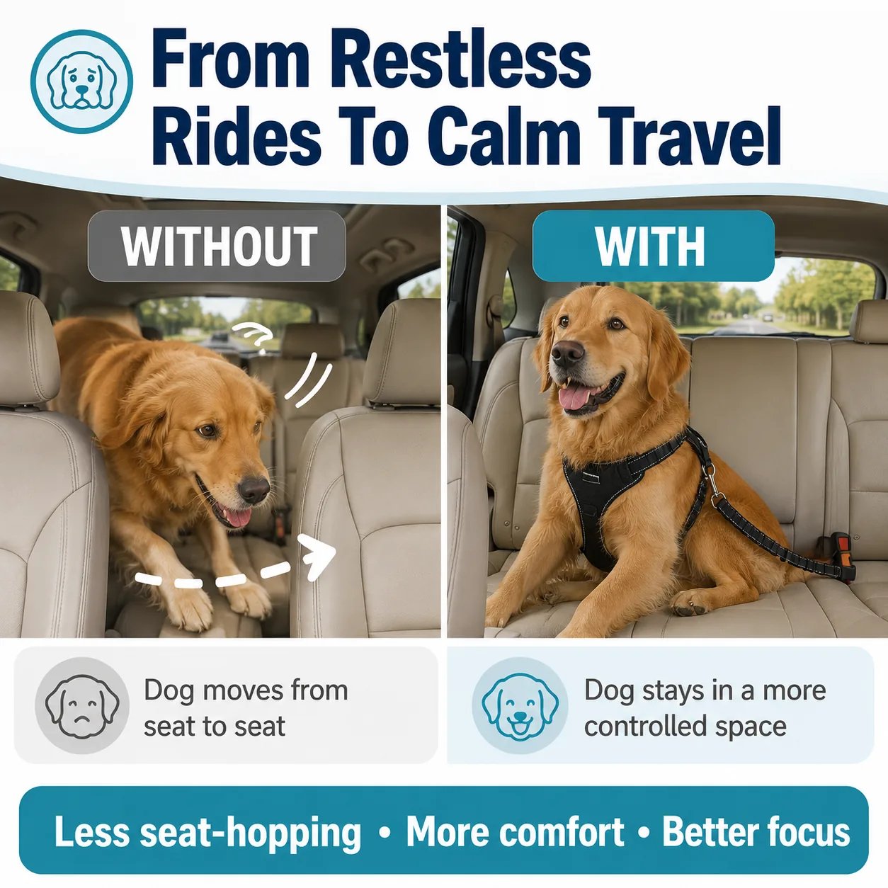 Before and after comparison showing dog restless without belt versus calm with dog seat belt