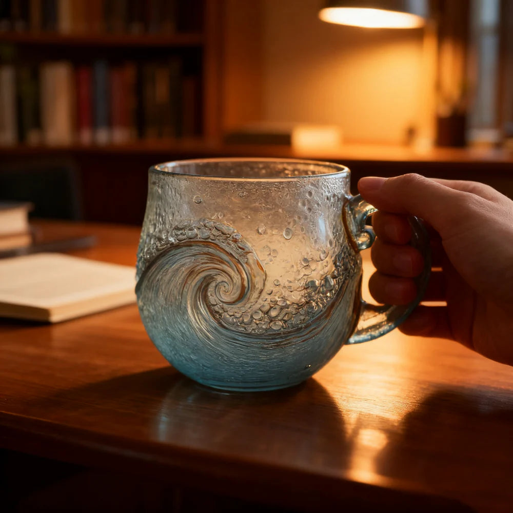 BlueWave ocean wave textured glass mug handmade coastal