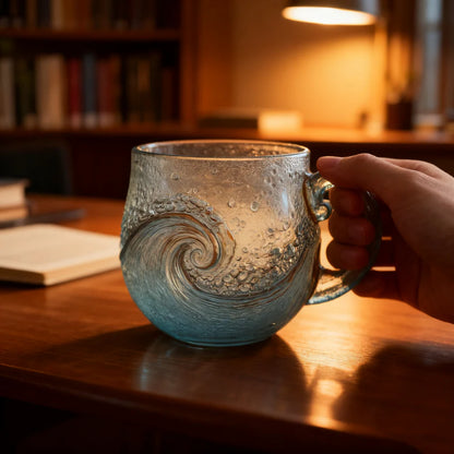 BlueWave ocean wave textured glass mug handmade coastal