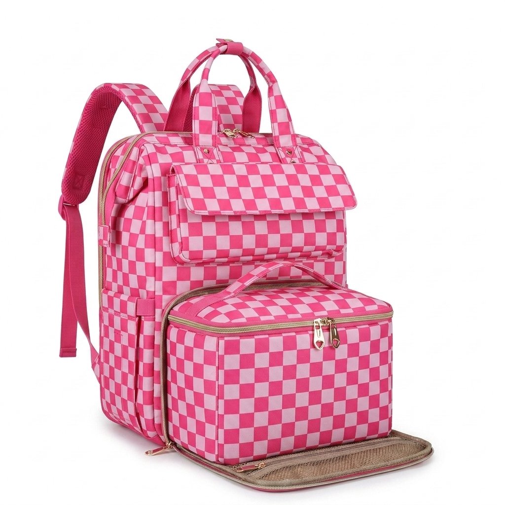 Modern lunch backpack in Pink Checker with the front lunch compartment open