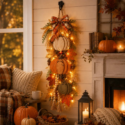 Hand holding remote control for warm LED wooden pumpkin door hanger