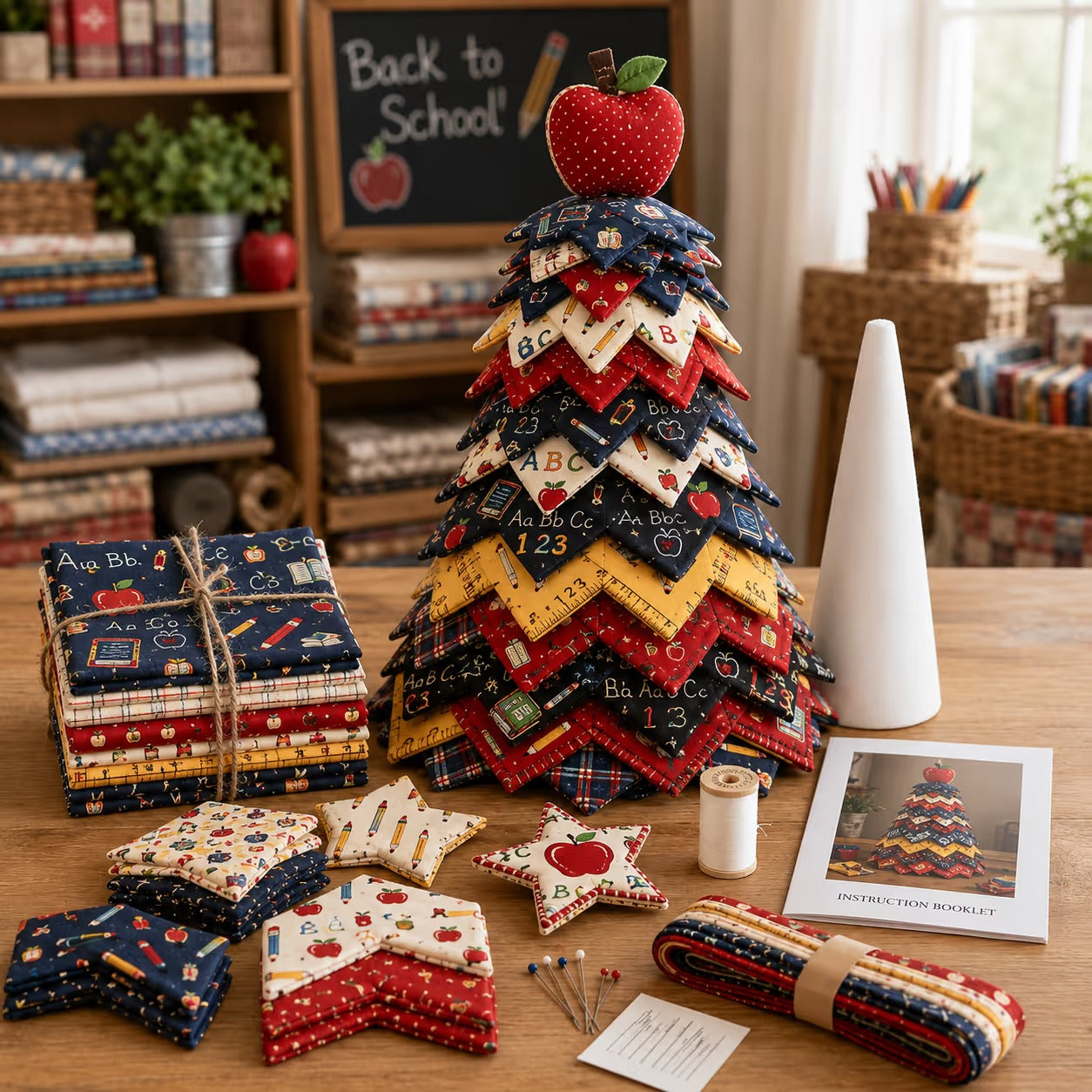 Back-to-School Patchwork quilt tree with apple topper and ABC fabric