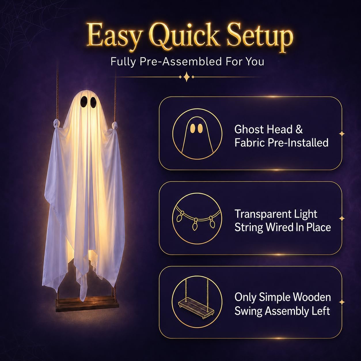 Swinging ghost Halloween decoration easy quick setup - pre-installed ghost and lights