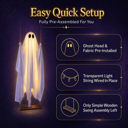 Swinging ghost Halloween decoration easy quick setup - pre-installed ghost and lights