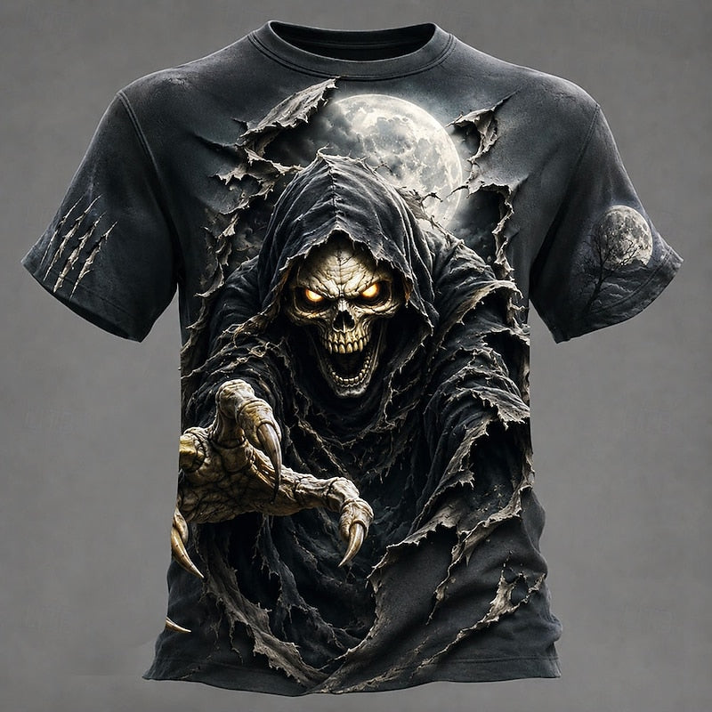 Gray men's Halloween skull T-shirt with moonlit grim reaper print
