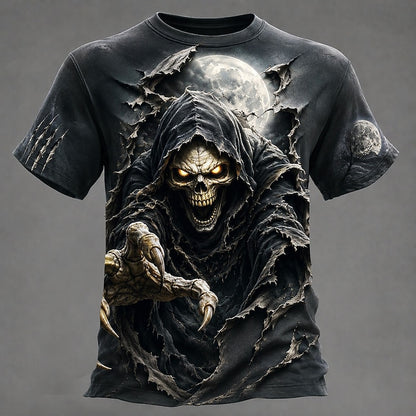 Gray men's Halloween skull T-shirt with moonlit grim reaper print